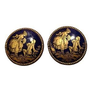 Vintage Courting Couple Clip On Earrings Transferware Cobalt Blue Gold GUC